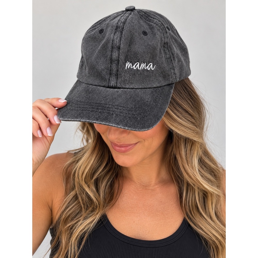 Womens Mama Embroidered Baseball Cap Washed Charcoal Black Cotton Dad Hat